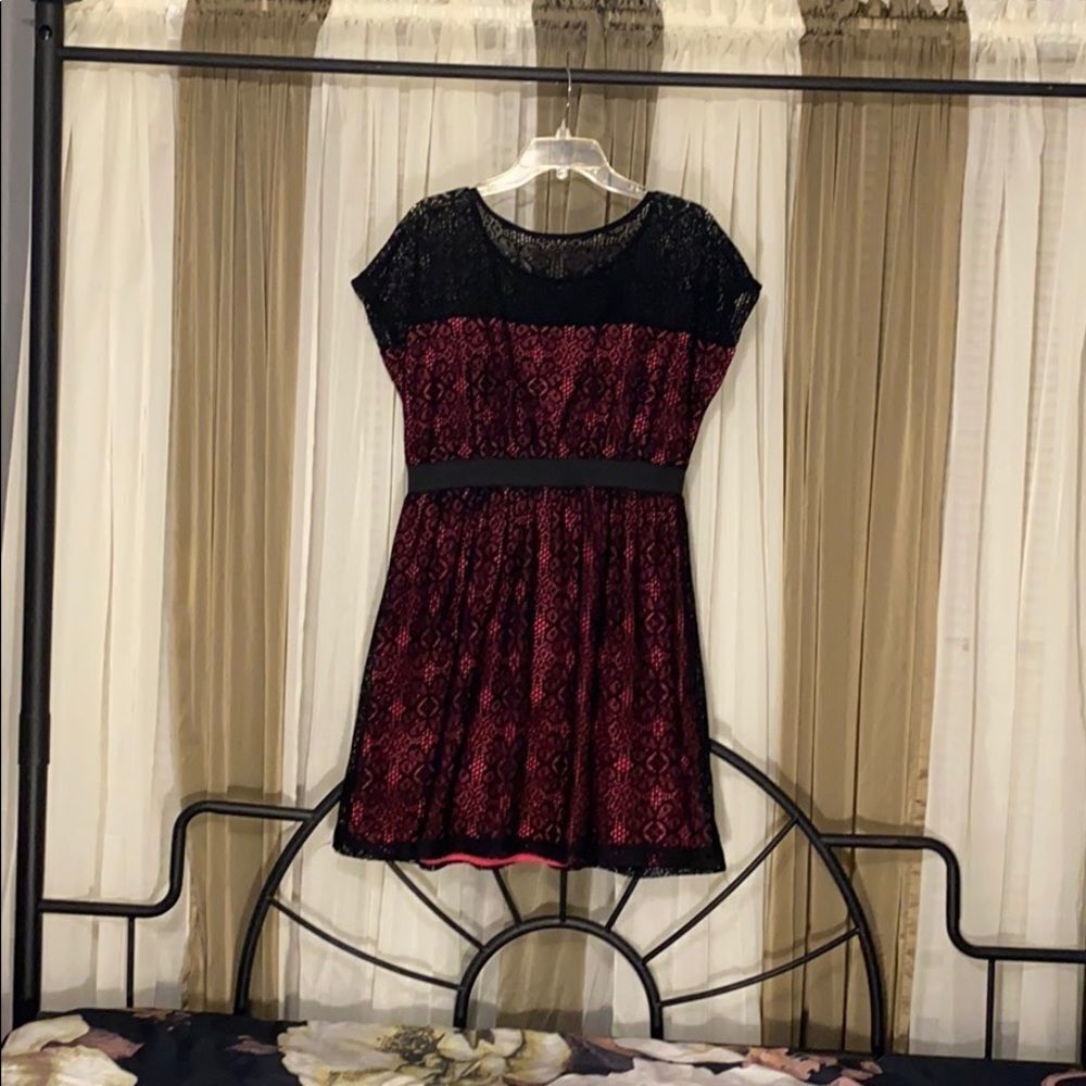 Lace Cocktail Dress Black Lace Deep Pink‎ sz L - Picture 3 of 11